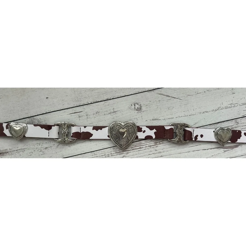 XOXO Womens Cow‎ Print Belt Brown White Heart Charms Western Silver Hardware M/L